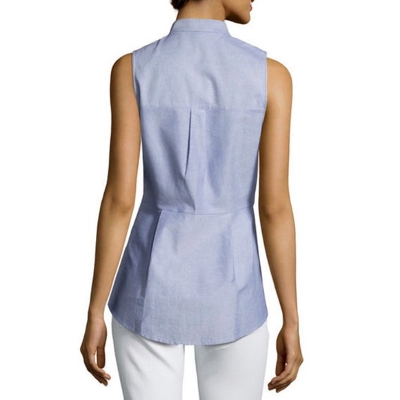 Veronica Beard Lace Up Blouse Sleeveless Pleated Peplum Top Chambray Blue Cotton - Picture 3 of 11